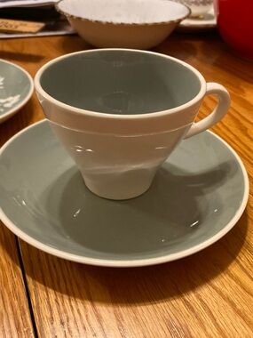 Vintage Harkerware Teacup & Saucer in Sage Green and White - ironstone